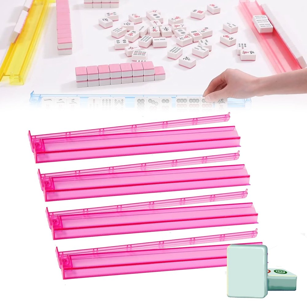 BaoBaJiu 18.5IN Mahjong Racks-Mahjong Racks with Pushers 3 in 1 Functional Design-Acrylic Transparent Mahjong Accessories-Suitable for Party/Mahjong Accessories (Pink*4)
