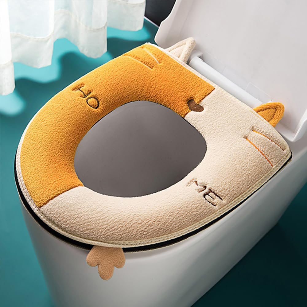 2Pcs Thicker Bathroom Toilet Seat Cover Pad, Soft Thicker Warmer Stretchable Washable Cloth Cat Pattern Toilet Seat Cover Pads,Ae