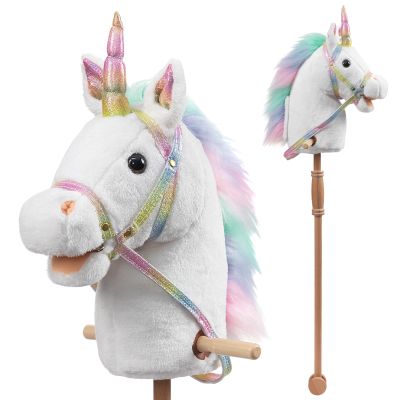 HollyHOME Unicorn Stick Horse with Wood Wheels Real Pony Neighing and Galloping Sounds Unicorn Hobby Horse with Rainbow Glitter Bridle, White 36 Inches(AA Batteries Required)