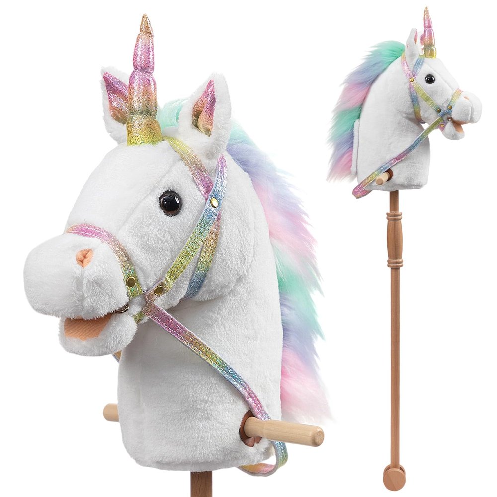 HollyHOME Unicorn Stick Horse with Wood Wheels Real Pony Neighing and Galloping Sounds Unicorn Hobby Horse with Rainbow Glitter Bridle, White 36 Inches(AA Batteries Required)