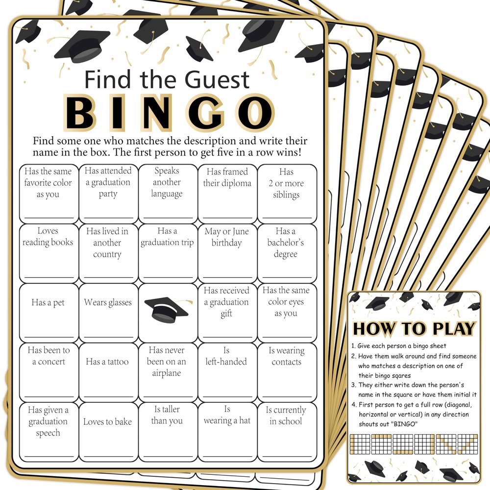 Graduations Bingo Cards, Find The Guest Bingo Game Cards, Graduation Game for 24 Players, Grad Party Ice Breaker Games, Graduation Celebration Party Supplies