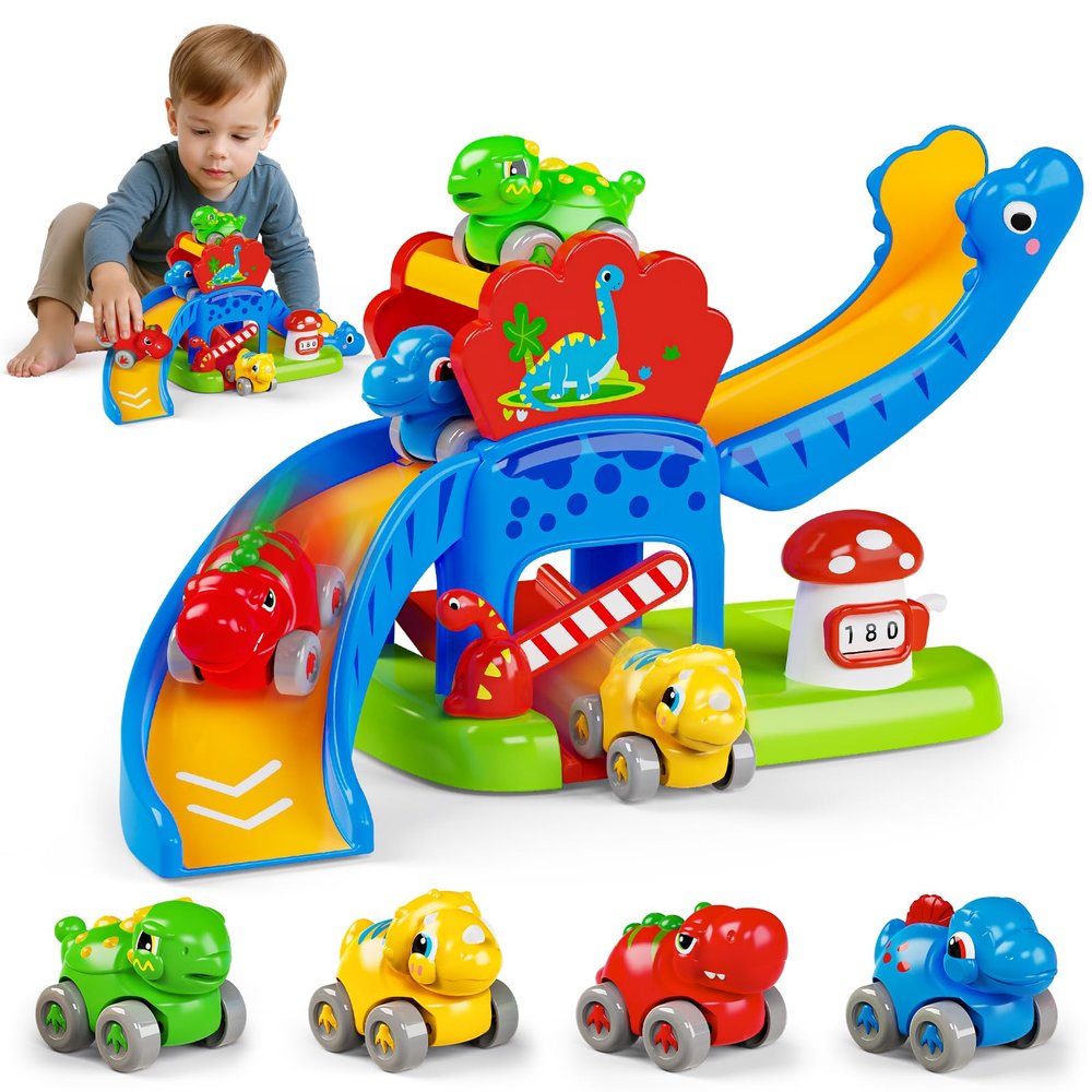 Toddler Toys Gifts for 1 2 Year Old Kids, Educational Dinosaur Slide Toy with 4 Cars for 12-18 Months Baby, First Birthday Chirstmas Gifts for Aged 1-3 Year Old, Push Car Track Toy for Boys Girls