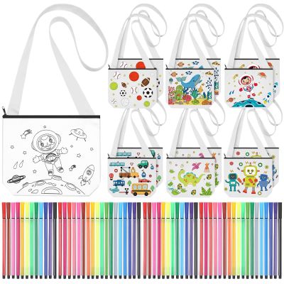 Aliceset 12 Sets Color Your Own Bags Reusable Coloring Crafts Canvas Crossbody Bag with 60 Colorful Markers for Painting Arts & Crafts Activity, Birthday Party Supplies
