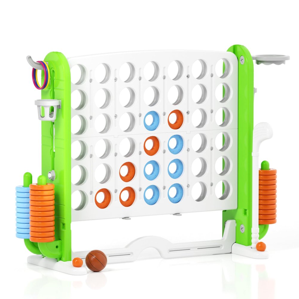 Glaf Giant 4-in-a-Row Game Outdoor Yard Jumbo 4-to-Score for Kids Adults and Family Adjustable Height Toy Set Floor Board Games Play with 42 Jumbo Rings Golf Basketball and Ring Toss (Green)