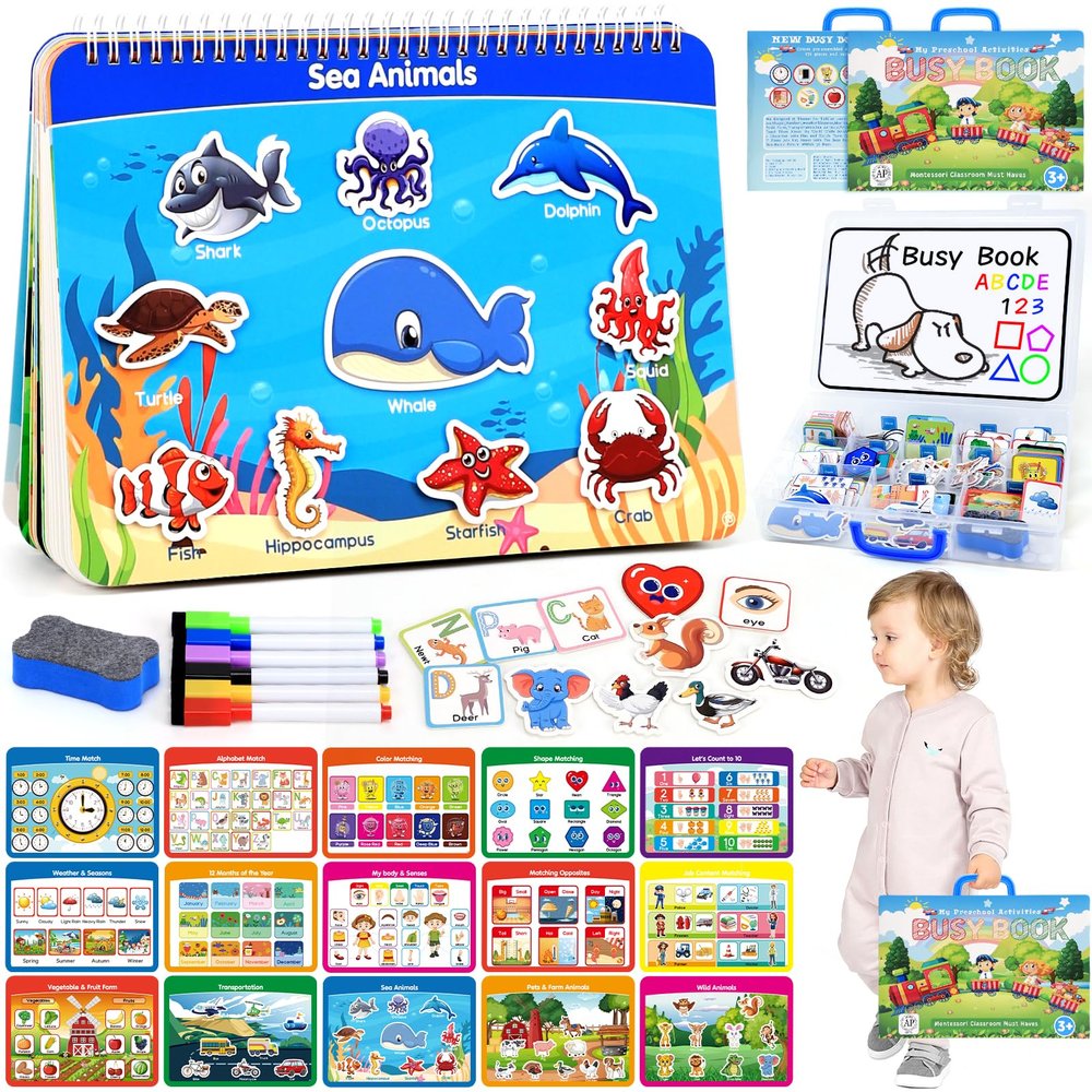HarVow Busy Book for Toddlers, 15 Themes Montessori Toys Preschool Learning Activities with Classified Storage Box & Double-Sided Writing Board, Autism Sensory Travel Toys