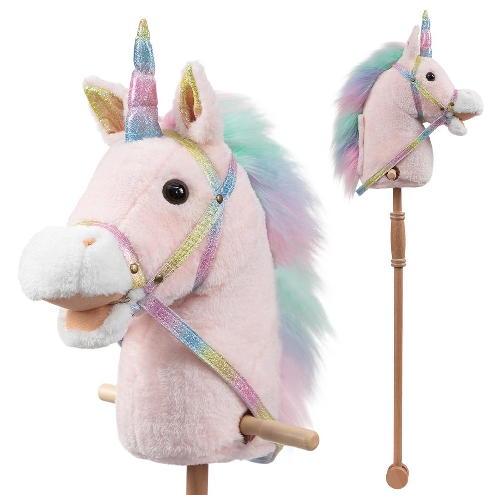HollyHOME Unicorn Stick Horse with Wood Wheels Real Pony Neighing and Galloping Sounds Plush Unicorn Toy Pink with Rainbow Mane 36 Inches(AA Batteries Required)