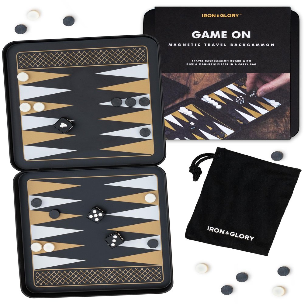 Iron & Glory Magnetic Travel Backgammon Set Durable Tin Case with Secure Magnetic Pieces, Compact & Portable Board Game for Family Strategy Game with Carry Pouch Easy On-the-Go Fun, Ideal Novelty Gift