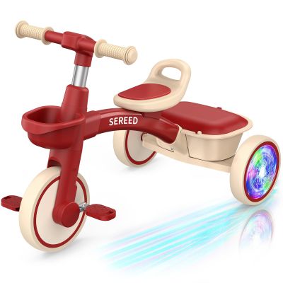 SEREED Colorful Lighting Toddler Tricycle for 2-5 Years Old Boys Girls, Adjustable Seat&Handlebar Trike, Removable Basket, Birthday Gift Idea for Kids Ages 2+ (Red)