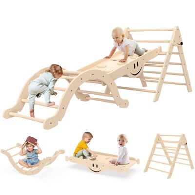 BIERUM Pikler Triangle Set 8 in 1 with Seesaw Design, Montessori Foldable Toddler Climbing Toys with Ramp, Wooden Pickler Climbing Set, Indoor Baby Climbing Gym, Natural