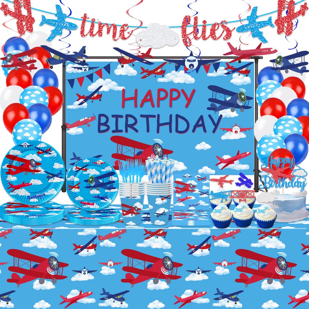 158 Pcs Airplane Birthday Party Supplies Airplane Aircraft Tableware Includes Backdrop, Hanging Swirl, Banner, Cake Cupcake Topper, Plates, Cups, Tablecloth for Aviation Baby Shower 1st Birthday