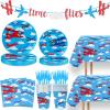 158 Pcs Airplane Birthday Party Supplies Airplane Aircraft Tableware Includes Backdrop, Hanging Swirl, Banner, Cake Cupcake Topper, Plates, Cups, Tablecloth for Aviation Baby Shower 1st Birthday view 2