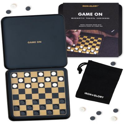 Iron & Glory Magnetic Travel Checkers Set Durable Tin Case with Secure Magnetic Pieces, Compact & Portable Board Game Family Strategy Game with Carry Pouch for Easy On-The-Go Fun, Ideal Novelty Gift