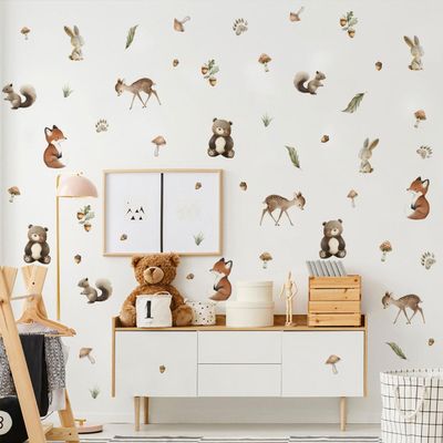 Woodland Animal Wall Stickers,Adorable Woodland Nursery Decals Decor,Animals Bear, Fox, Deer, Mushroom Peel and Stick Wall Decals Baby Nursery Kids Bedroom Living Room Decor
