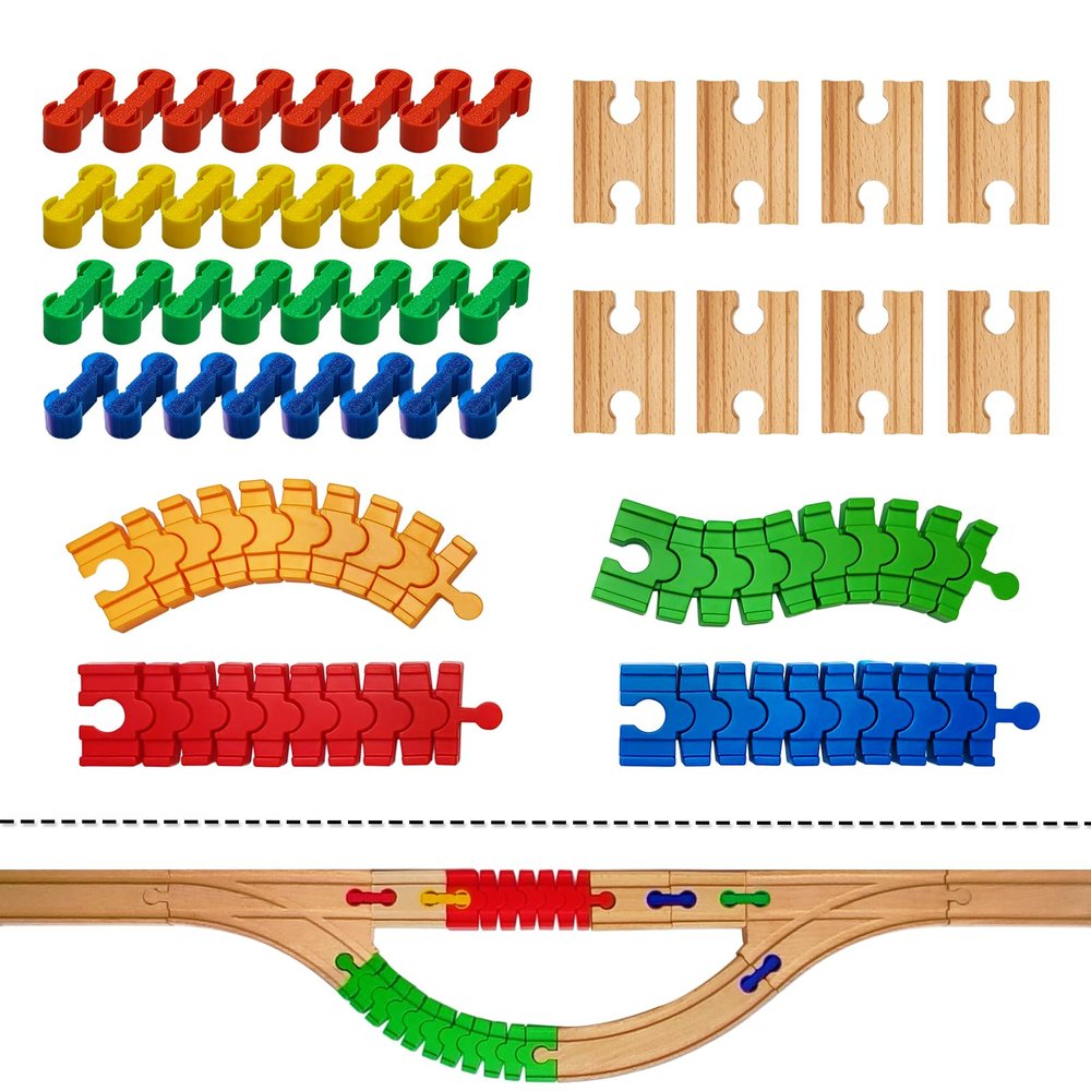 Bunu1492 Wooden Train Track Accessories, 44 pcs Wooden Track Connector, Compatible with All Major Brands Train Track, Christmas Birthday Gift for Boys Girls, Train Toys Expansion Pack for Kids Ages 3+