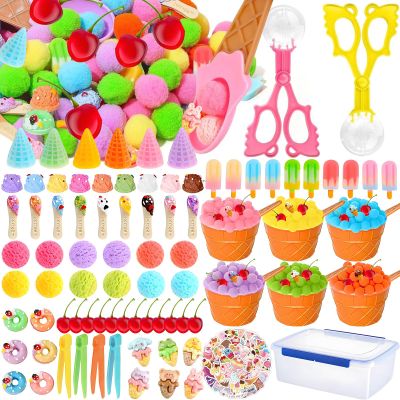 319pcs Summer Ice Cream Sensory Bin Filler Ice Cream Cake Doughnut Sensory Bin Items Fine Motor Counting Sorting 180 Pom Pom 6 Sorting Cups with 6 Spoons for Summer Sorting Counting Training