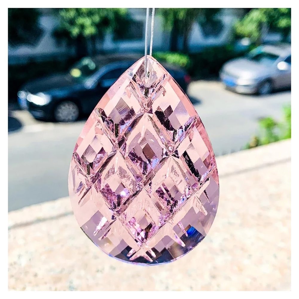 Hanging Crystals Prisms 2PCS Pink 75MM Faceted Prism 3D Grid Droplets Crystal Catcher Chandelier Lamp Hanging Parts Decor Hangings Crystals for Decoration