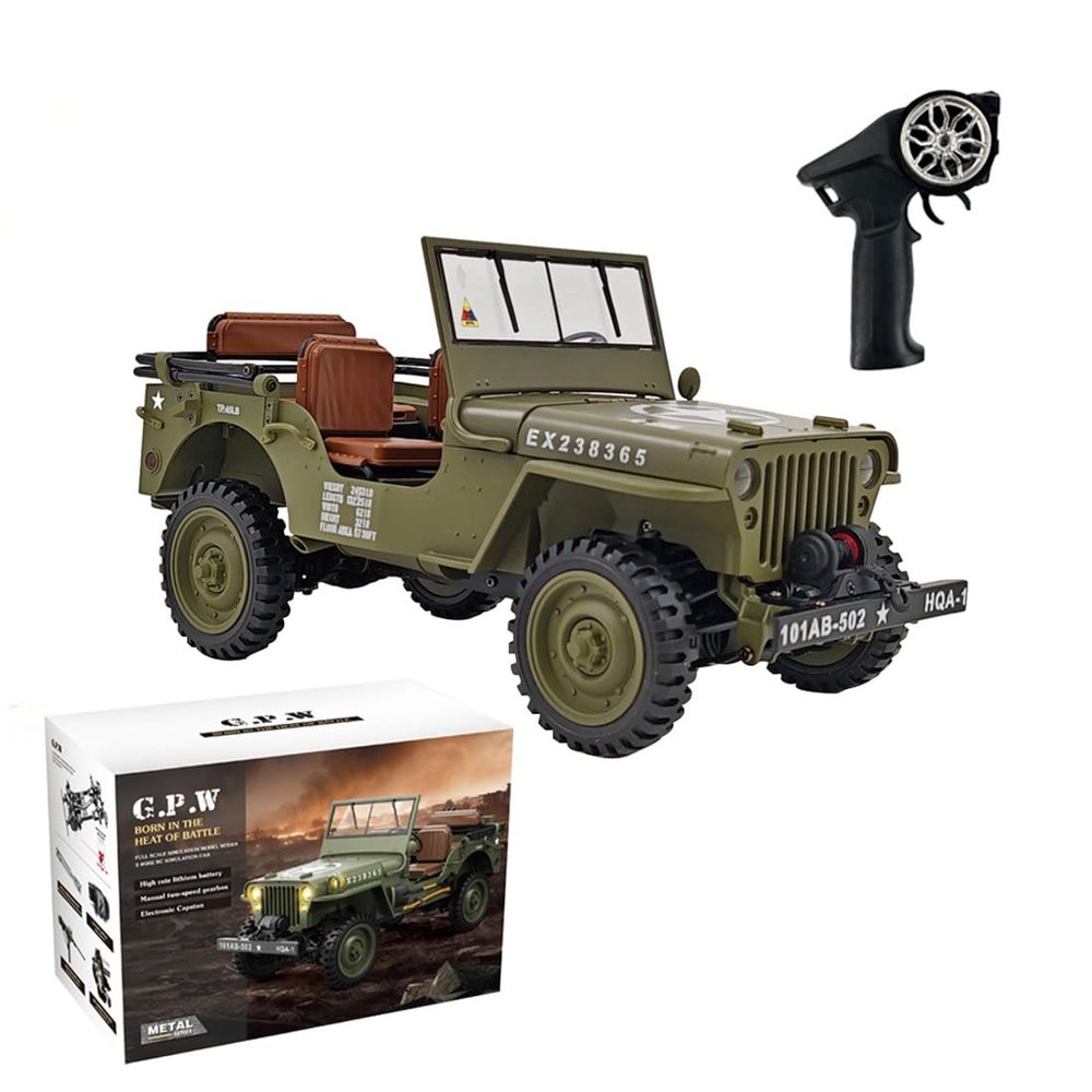 1:14 Scale RC Car Willys Military Truck, 2.4GHz Full-Metal 2-Speed Army Green Off-Road Vehicle with LED Lights, Engine Sounds, Winch, RTR Gift for Adults & Fathers Day Collectors