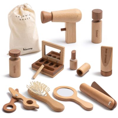 kienvy 11-Piece Wooden Makeup Toy Set for Girls, Pretend Play Makeup Kit for Toddlers & Kids with Mirror, Lipstick, Hair Straightener & Storage Bag, Christmas Birthday Present for Ages 3-6 Years Old