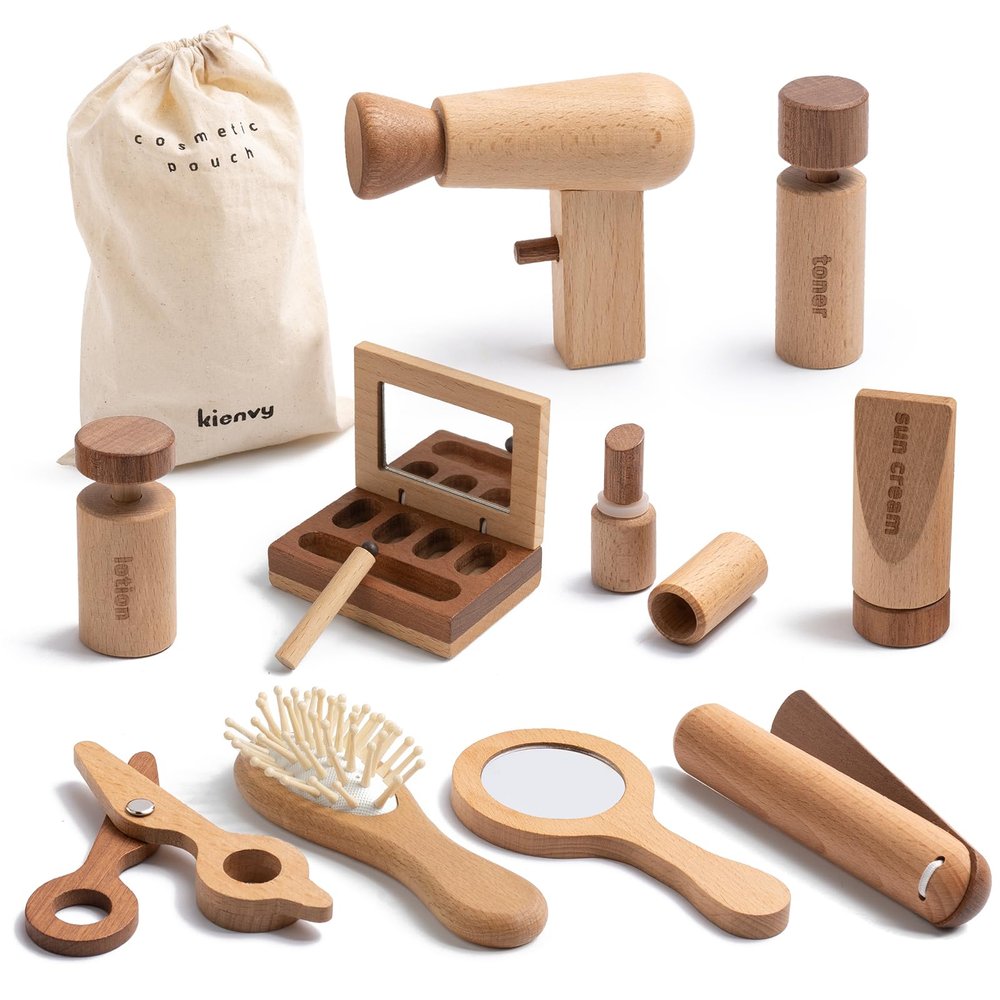 kienvy 11-Piece Wooden Makeup Toy Set for Girls, Pretend Play Makeup Kit for Toddlers & Kids with Mirror, Lipstick, Hair Straightener & Storage Bag, Christmas Birthday Present for Ages 3-6 Years Old