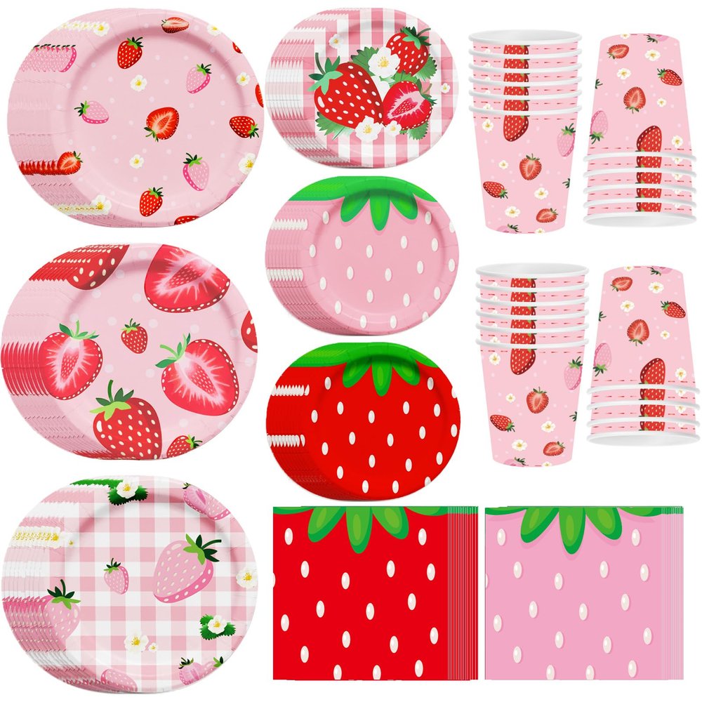 120PCS Strawberry Party Decoration Disposable Strawberry Paper Plates Cups and Napkins for Strawberry Themed Party Decorations for Girl Boy Summer Sweet Strawberry Baby Shower Supplies, Serve 30
