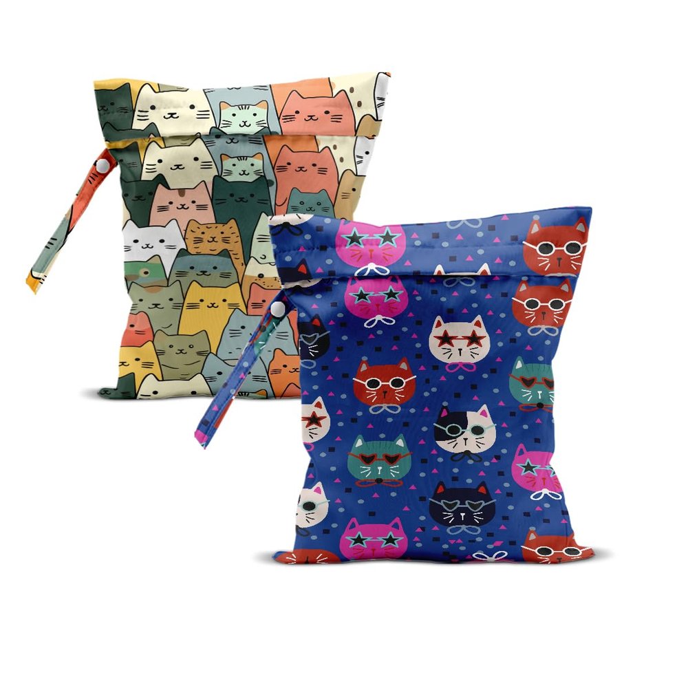 2Pcs Cat Wet Bag 12x10 Inch, Funny Cats Waterproof Reusable Wet Dry Bag, Washable Travel Laundry Bags for Swimsuit Pool Travel Beach Diapers Dirty Yoga Gym Clothes, Cat Gifts for Women Friend Family
