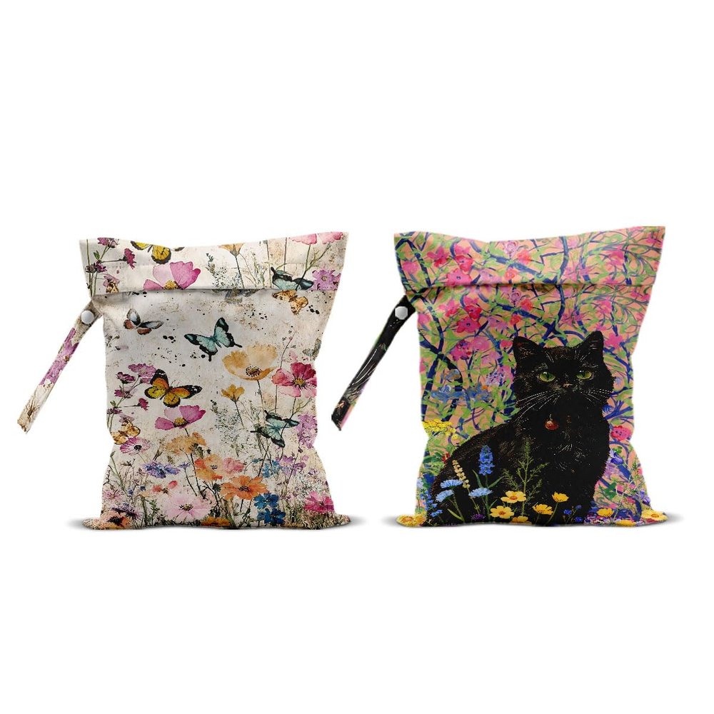 2Pcs Wet Bags, Cat Lover Gifts Wet Dry Bag Reusable for Swimsuit, Travel, Diapers, Beach, Dirty Yoga Gym Clothes, Toiletries, Makeup Bag, Waterproof Butterfly Cat Floral Print Birthday Christmas Gifts