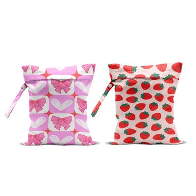 2Pcs Wet Bags, Wet Dry Bag Reusable for Swimsuit, Travel, Diapers, Beach, Dirty Yoga Gym Clothes, Toiletries, Makeup Bag, Waterproof Pink Bow Strawberry Print Birthday Christmas Gifts