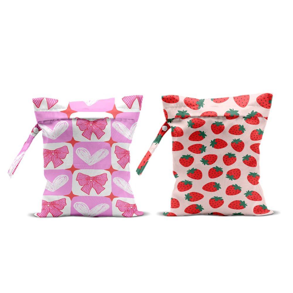 2Pcs Wet Bags, Wet Dry Bag Reusable for Swimsuit, Travel, Diapers, Beach, Dirty Yoga Gym Clothes, Toiletries, Makeup Bag, Waterproof Pink Bow Strawberry Print Birthday Christmas Gifts