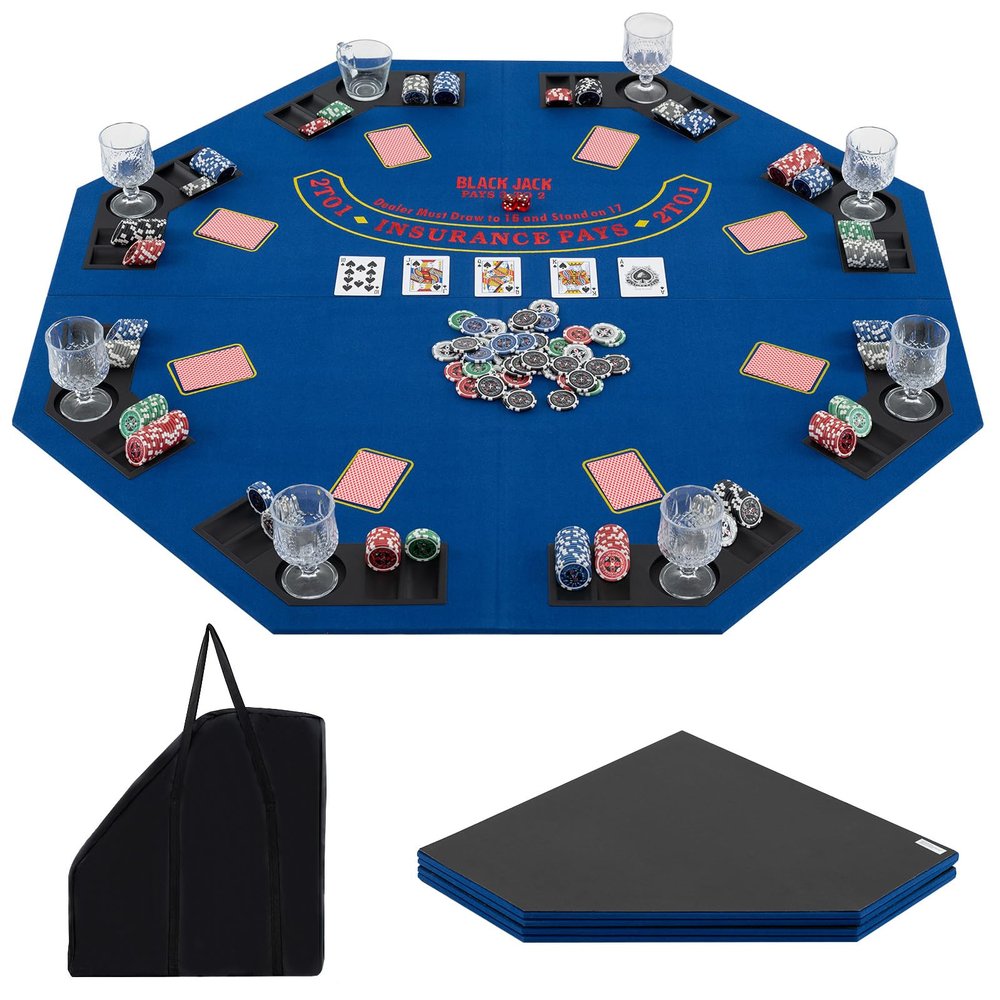 GLACER Folding Poker Table Top 8 Player, 48" Poker Topper Mat w/Cup Holders, Chips Tray, Carrying Bag for Texas Hold'em Casino, Blackjack, Home Cards Game Nights (Blue)