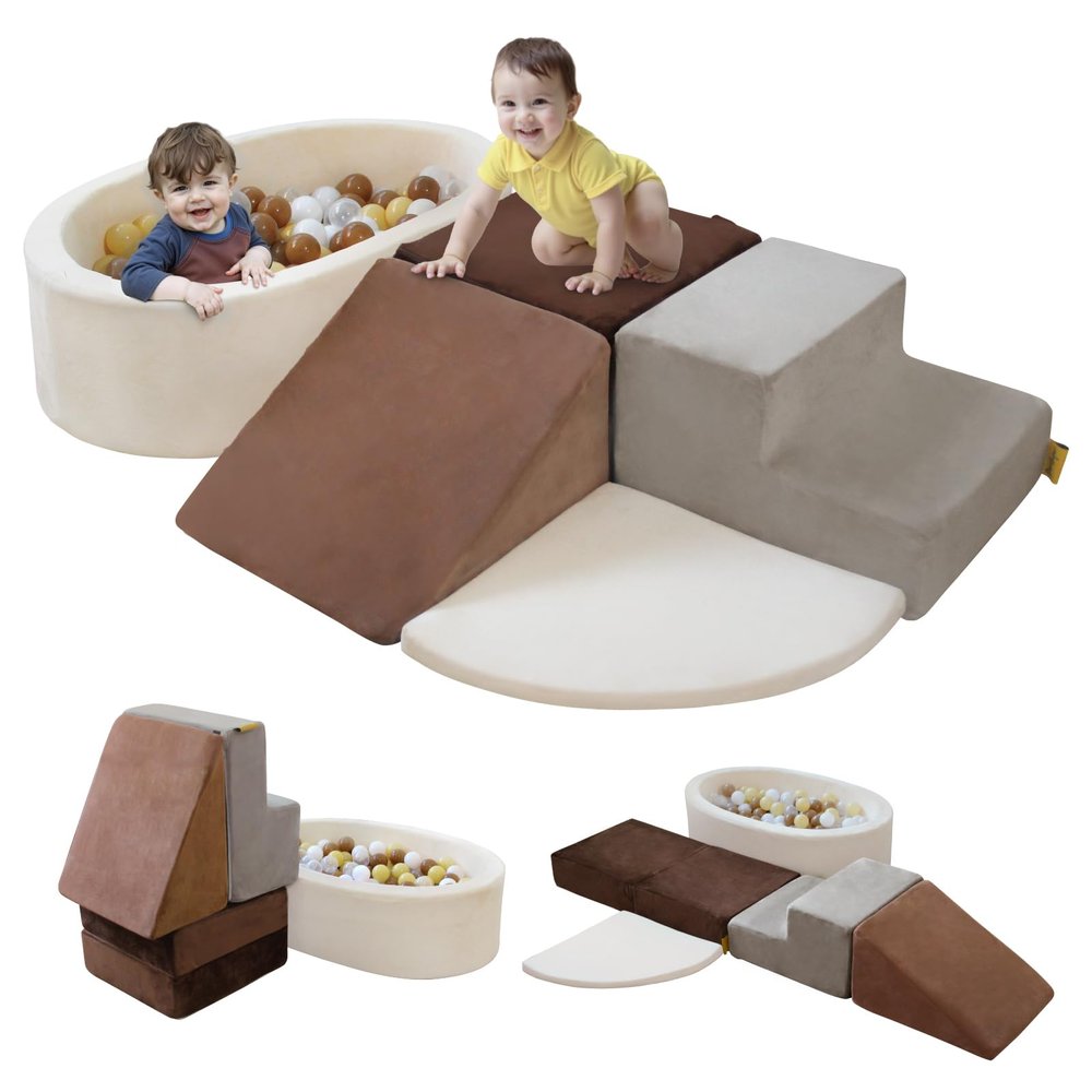 BanaSuper 6-Piece Climbing Toys for Toddlers, Kids Foam Blocks Playset with Ball Pit (Balls not Included), Toddler Indoor Soft Play Gym Activity Play Set for Crawling, Sliding and Playing(Grey&Brown)