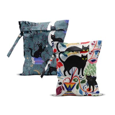 2Pcs Cat Wet Bag 12x10 Inch, Plants Waterproof Reusable Wet Dry Bag, Book Moon Washable Travel Laundry Bags for Swimsuit Pool Beach Diapers Dirty Yoga Gym Clothes, Cute Cat Gifts for Women Friend