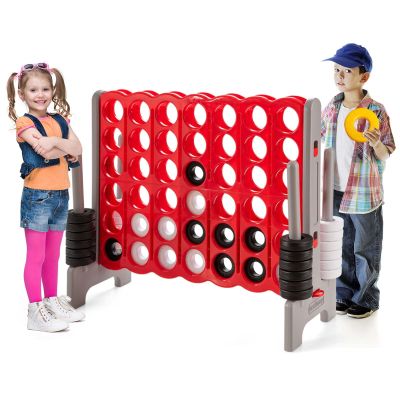GLACER Giant 4-in-A-Row Game Set, 4-to-Score Game with Quick-Release Slider & 42 Jumbo Rings, 3.5FT Tall Outdoor Yard Games for Family Parties, Kids & Adults (Brown+red)
