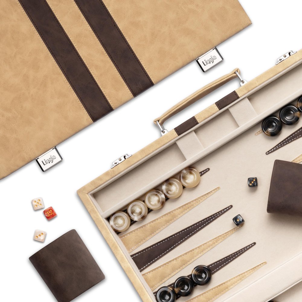 Lingle 15inch Backgammon Sets for Adults, Classic Board Game with Folding Leather Backgammon Case, Faux Leather Exterior and Velvet Interior, Portable Travel Game Set (Brown)