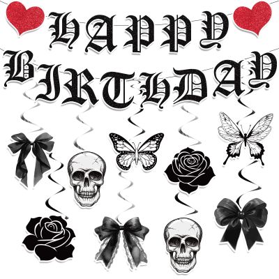 11pcs Gothic Birthday Party Decorations Banner Skull Black Bow Birthday Banner Decorations Hanging Swirls for Death wo My Twenties Rip to My 20s Emo Spooky Halloween Goth Birth day Party Supplies