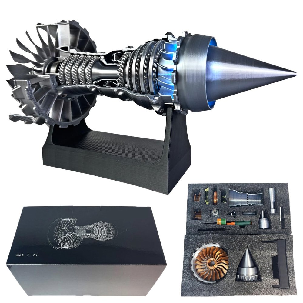 1/25 Simulation Aircraft Turbojet Engine Rotatable Model 11in/28cm,Adjustable Speed Tr900 Turbofan Aircraft Turbojet Model Engine with Light,Aero Metal Mechanical Science Education Assembling Toy (D1)