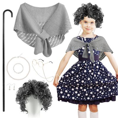 100 Days of School Costume, 9 Pcs Old Lady Costume for School 100th Day Grandma Dress Up Outfit for Students Includes Wig Hairnet Glasses Necklace Earring Bracelet Shawl Cane Glasses Chain,Grey
