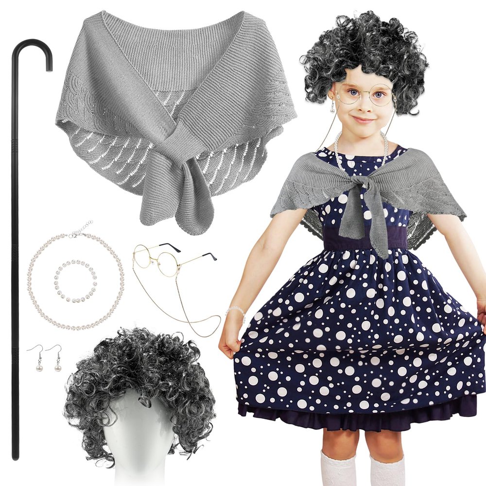 100 Days of School Costume, 9 Pcs Old Lady Costume for School 100th Day Grandma Dress Up Outfit for Students Includes Wig Hairnet Glasses Necklace Earring Bracelet Shawl Cane Glasses Chain,Grey