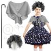 100 Days of School Costume, 9 Pcs Old Lady Costume for School 100th Day Grandma Dress Up Outfit for Students Includes Wig Hairnet Glasses Necklace Earring Bracelet Shawl Cane Glasses Chain,Grey view 1