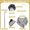 100 Days of School Costume, 9 Pcs Old Lady Costume for School 100th Day Grandma Dress Up Outfit for Students Includes Wig Hairnet Glasses Necklace Earring Bracelet Shawl Cane Glasses Chain,Grey view 2