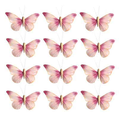 12PCS Pink Real Feather Butterfly Decorations with Clips, Sticks & Adhesive Dots, Handmade 3.9x2.4inch Cake Topper, Wall Decor, Hair Clip, Bouquet, Gift for Wedding Birthday Party