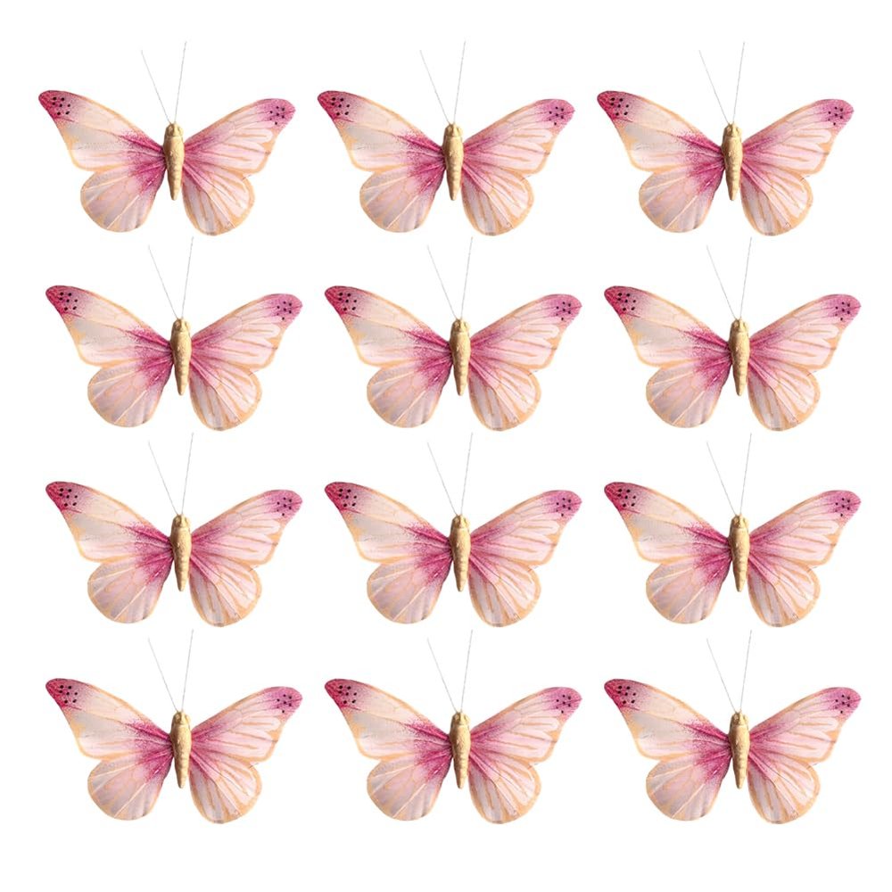 12PCS Pink Real Feather Butterfly Decorations with Clips, Sticks & Adhesive Dots, Handmade 3.9x2.4inch Cake Topper, Wall Decor, Hair Clip, Bouquet, Gift for Wedding Birthday Party