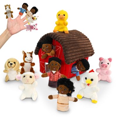 11 Pcs Finger Puppets Set Mini Toys, Soft Plush Animal Finger Puppet for Kids Mini Stuffed Animals with Farm House, Family Finger Puppets for Toddlers Storytelling Role-Playing Christmas School