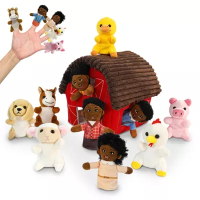 11 Pcs Finger Puppets Set Mini Toys, Soft Plush Animal Finger Puppet for Kids Mini Stuffed Animals with Farm House, Family Finger Puppets for Toddlers Storytelling Role-Playing Christmas School