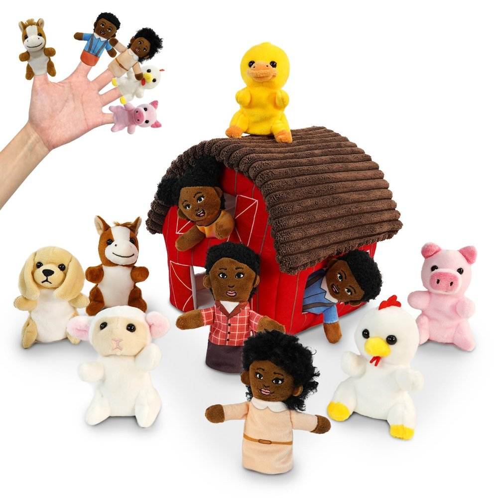 11 Pcs Finger Puppets Set Mini Toys, Soft Plush Animal Finger Puppet for Kids Mini Stuffed Animals with Farm House, Family Finger Puppets for Toddlers Storytelling Role-Playing Christmas School