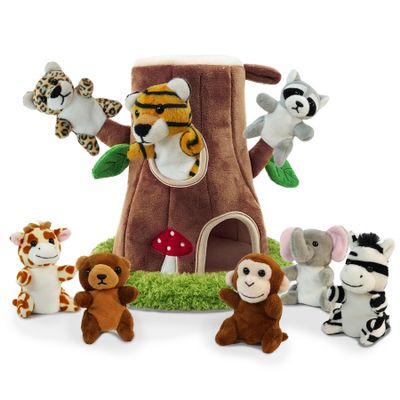 9 Pcs Finger Puppets Set Mini Toys, Soft Plush Jungle Animal Finger Puppet for Kids Mini Stuffed Animals with Tree Hole House,Finger Puppets for Toddlers Role-Playing Storytelling Christmas School