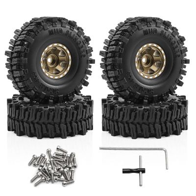 1.0" Beadlock Wheels and Tires 64mm (2.52in) for SCX24 TRX4M 1/18 1/24 RC Crawlers Aluminum Rims, Soft Rubber Tires with Foam Inserts, Easy-Install Upgrade Parts (Bronze)