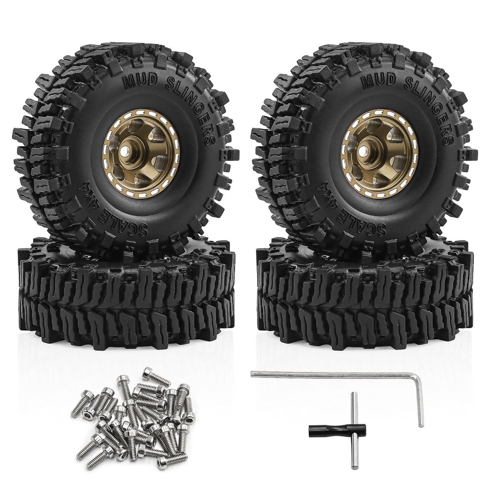 1.0" Beadlock Wheels and Tires 64mm (2.52in) for SCX24 TRX4M 1/18 1/24 RC Crawlers Aluminum Rims, Soft Rubber Tires with Foam Inserts, Easy-Install Upgrade Parts (Bronze)