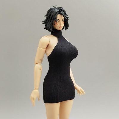 1/12 Scale Female Clothes, High Neck Backless Tight Short Hip Dress for 6-inches Action Figure Body, 1/12 Female Doll Costume Tight-Fitting Skintight Short Hip Skirt Dress Clothing (Black)