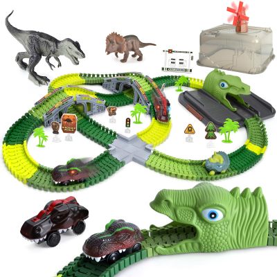 Keyixize Dinosaur Toys Race Car Track, 254 PCS Flexible Dinosaur Track Toy Set with 3 Cool Dino Car and 2 Dinosaur Toys for 3 4 5 6 Year Old Boys Girls