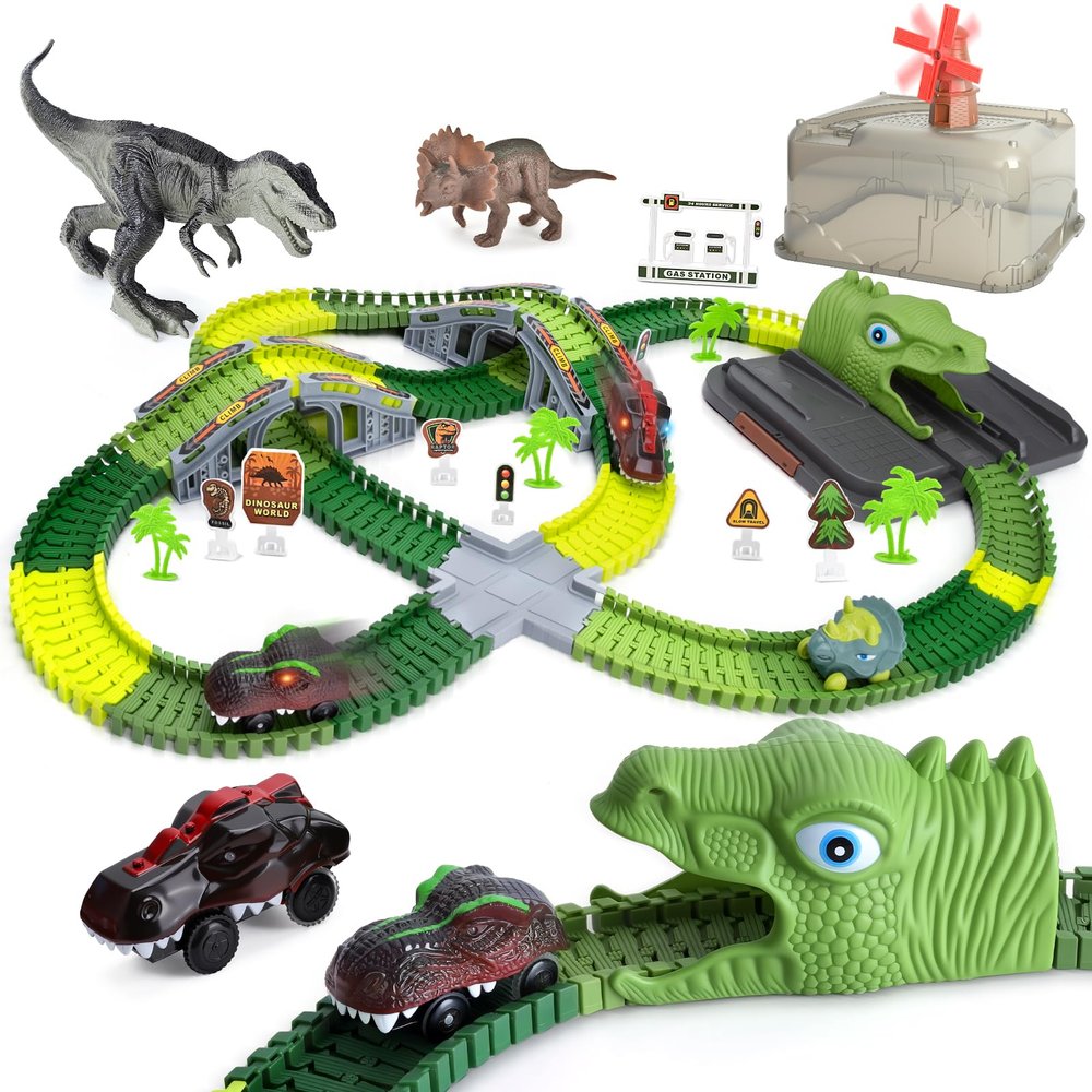 Keyixize Dinosaur Toys Race Car Track, 254 PCS Flexible Dinosaur Track Toy Set with 3 Cool Dino Car and 2 Dinosaur Toys for 3 4 5 6 Year Old Boys Girls